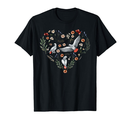 African Grey Parrot Flower Heart Nature Bird Lover Women Kid T-Shirt