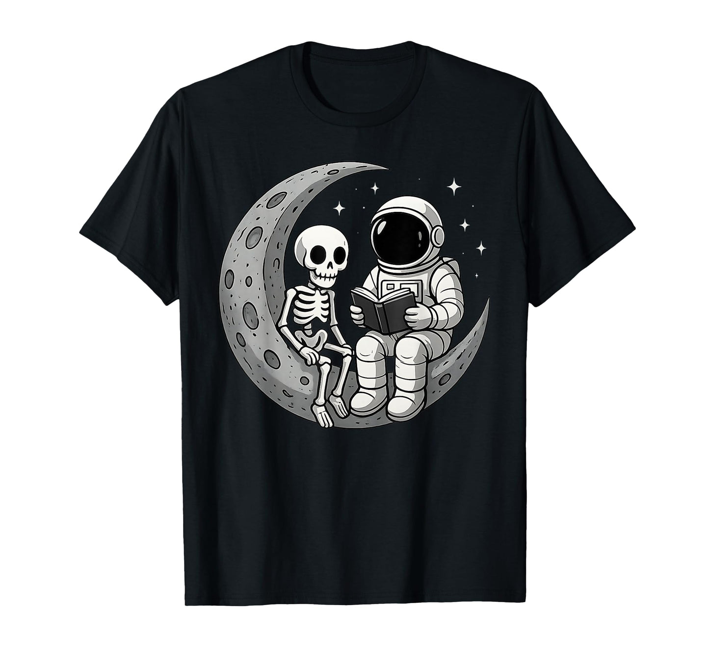 Astronaut Reading Book to Skeleton Moon Space Women Kids Men T-Shirt