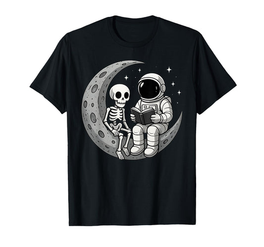 Astronaut Reading Book to Skeleton Moon Space Women Kids Men T-Shirt