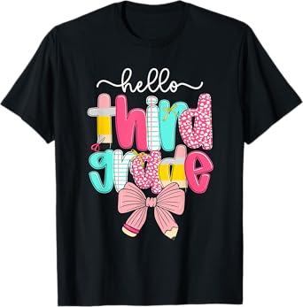 Preppy Hello 3rd Grade Teacher Coquette Bow Back To School T-Shirt