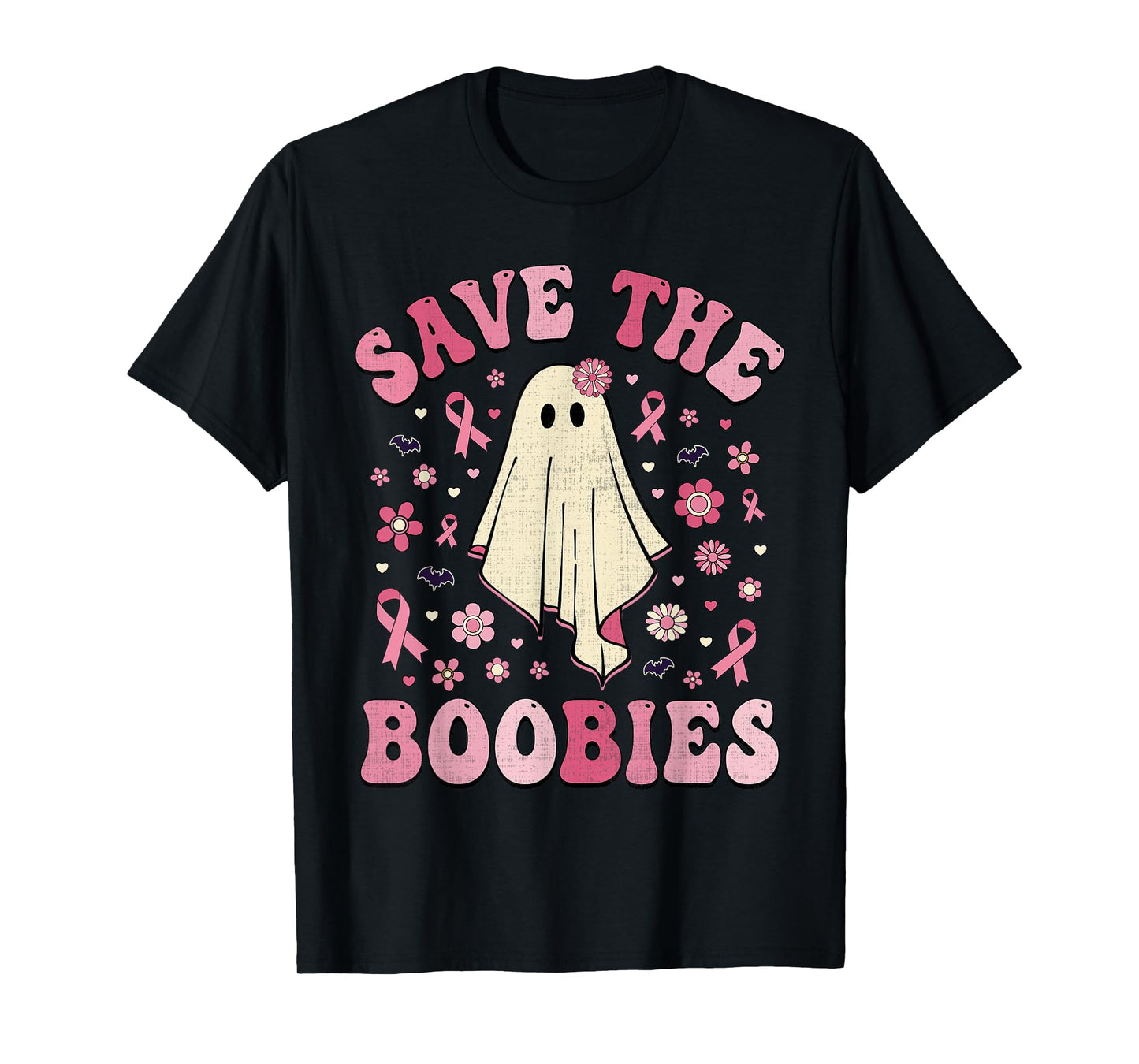 Save the Boobies Pink Halloween Ghost Breast Cancer Groovy T-Shirt