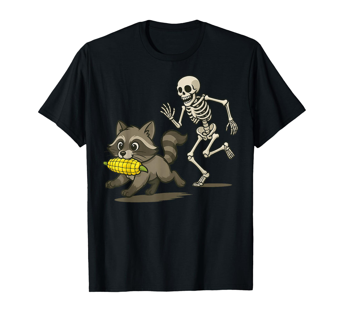 Raccoon Running with Corn and Skeleton Chasing Fun Design T-Shirt