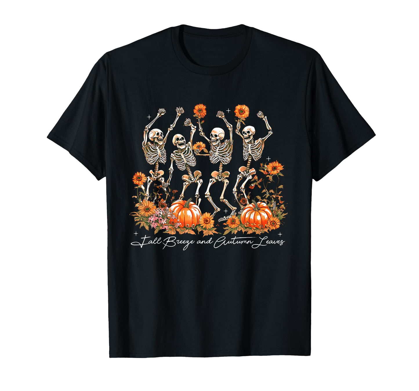 Pumpkin Floral Dancing Skeleton Breeze Autumn Halloween T-Shirt