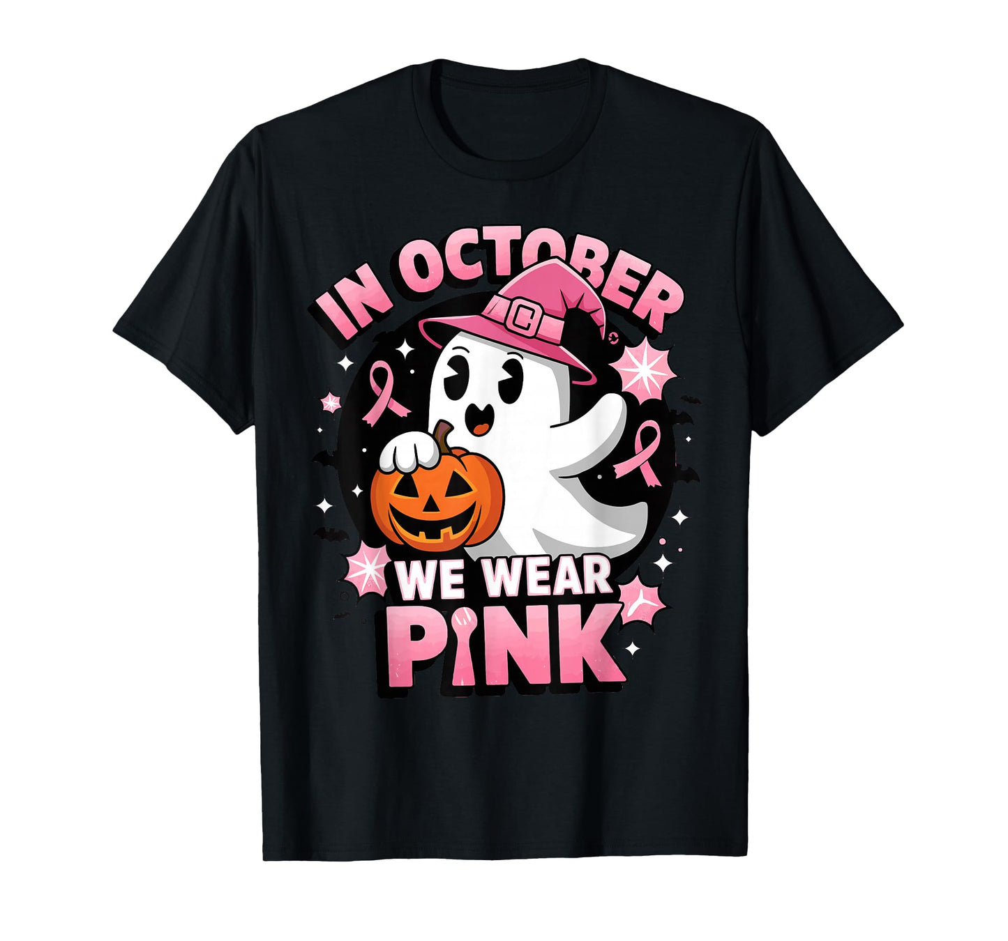 Ghost Witch in October We Wear Pink Breast Cancer Awareness T-Shirt