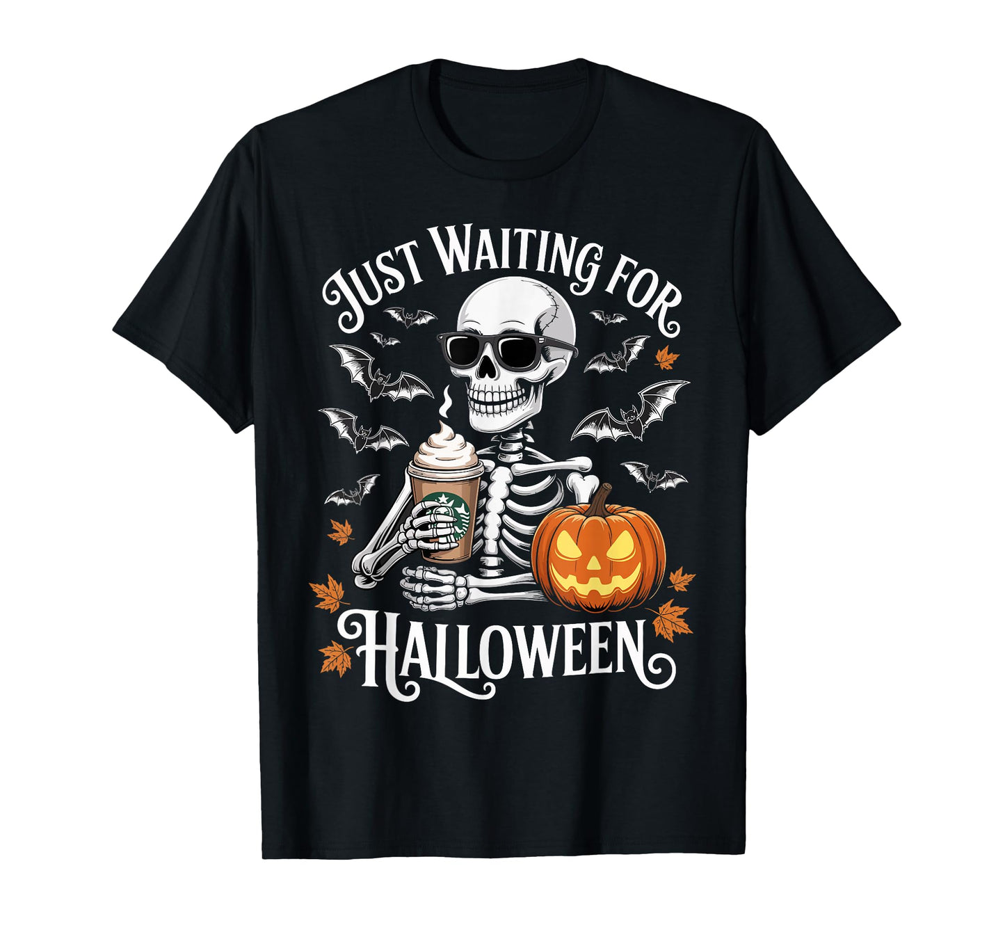 Just Waiting for Halloween Skeleton Coffee Pumpkin T-Shirt
