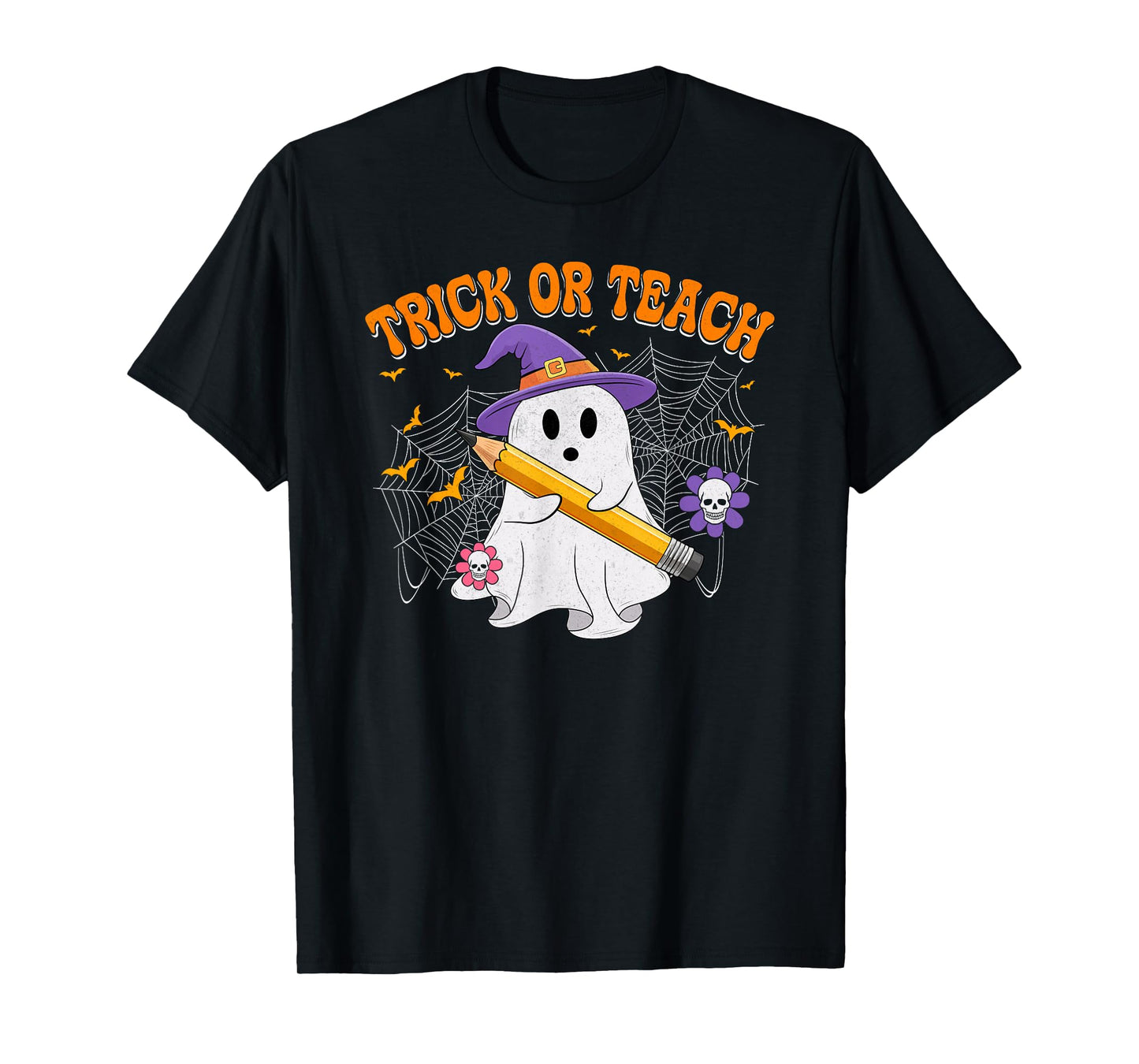 Trick Or Teach Boo Ghost Groovy Halloween Costume Teacher T-Shirt