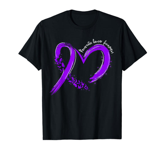Pancreatic Cancer Awareness Heart Ribbon Purple Womens Girls T-Shirt