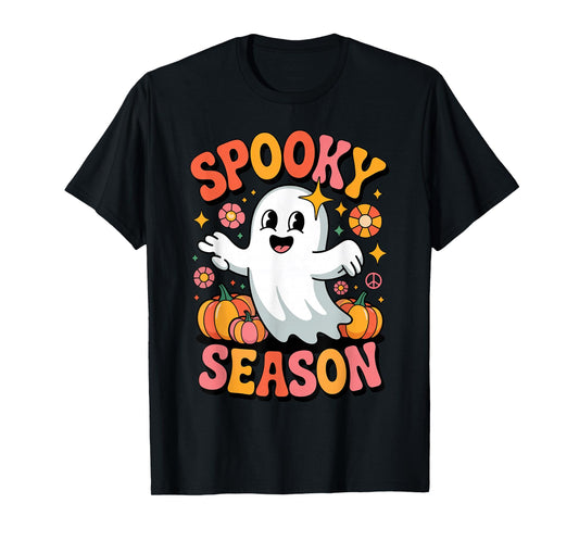 Cute Ghost and Pumpkins Groovy Spooky Season Funny Halloween T-Shirt