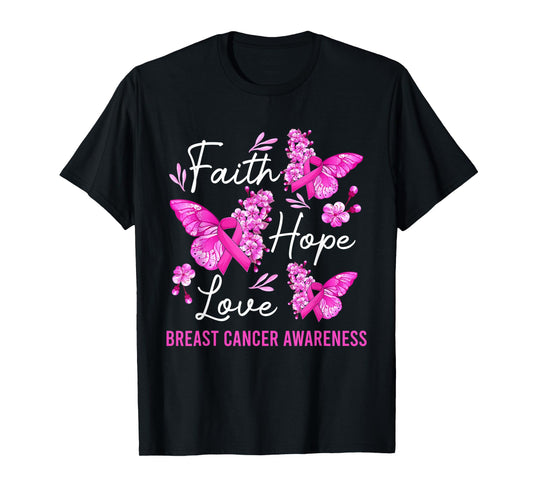 Butterfly Faith Hope Love Ribbon Breast Cancer Awareness T-Shirt