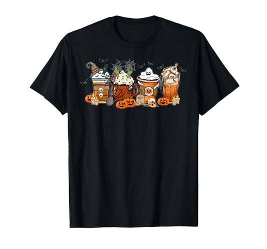 Cute Skeleton Coffee Cups Halloween Skul Pumpkin Spice Latte T-Shirt