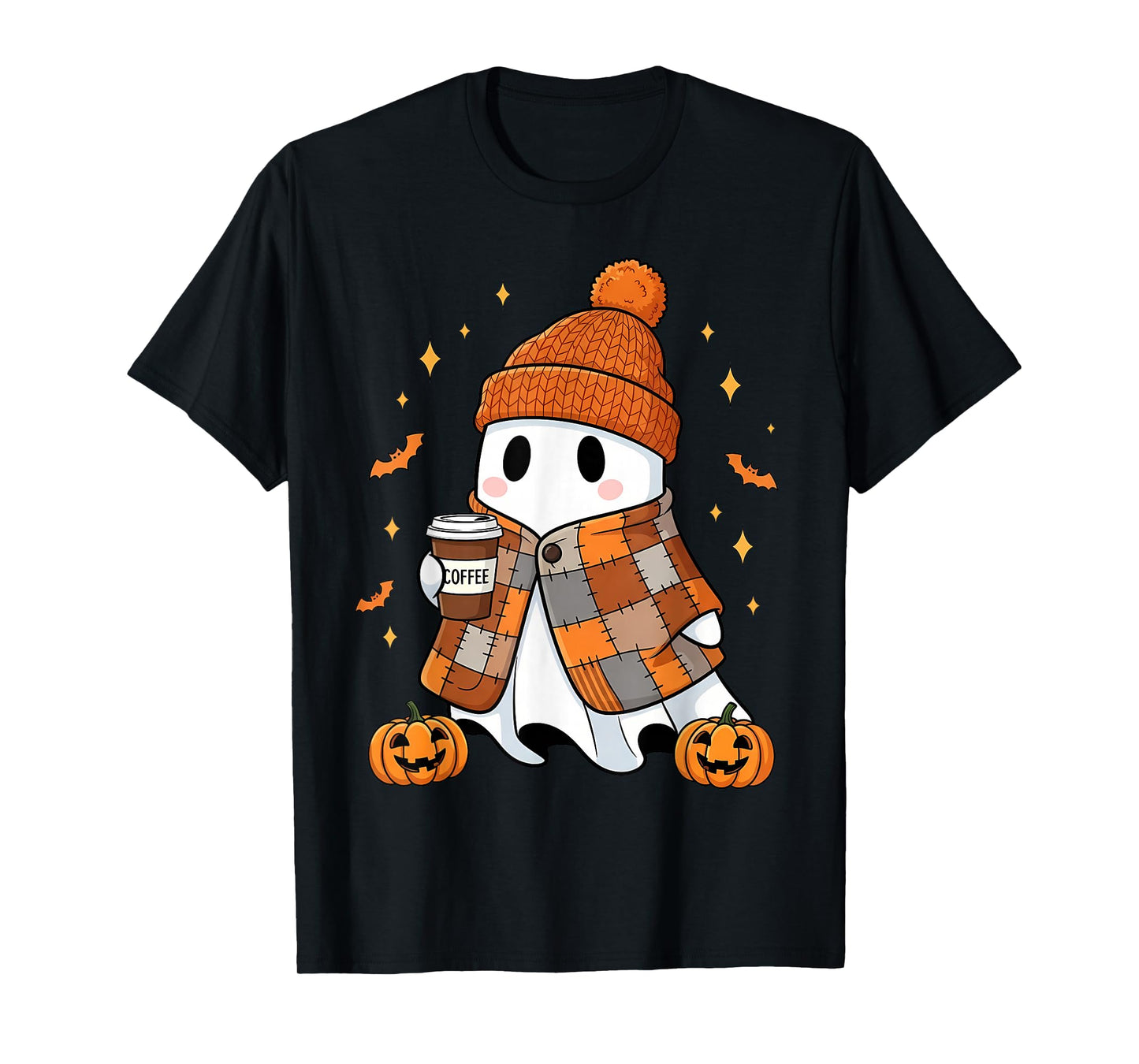 Ghost Drinking Coffee Halloween Patchwork Ghost T-Shirt