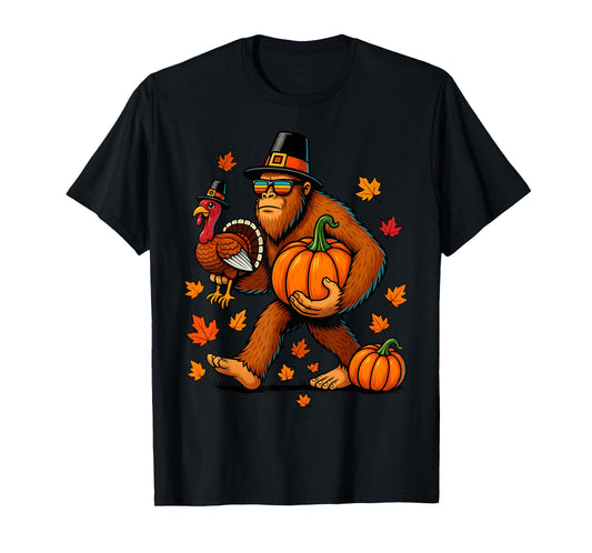 Pilgrim Turkey Pumpkin Thanksgiving Day Bigfoot Boys Men T-Shirt
