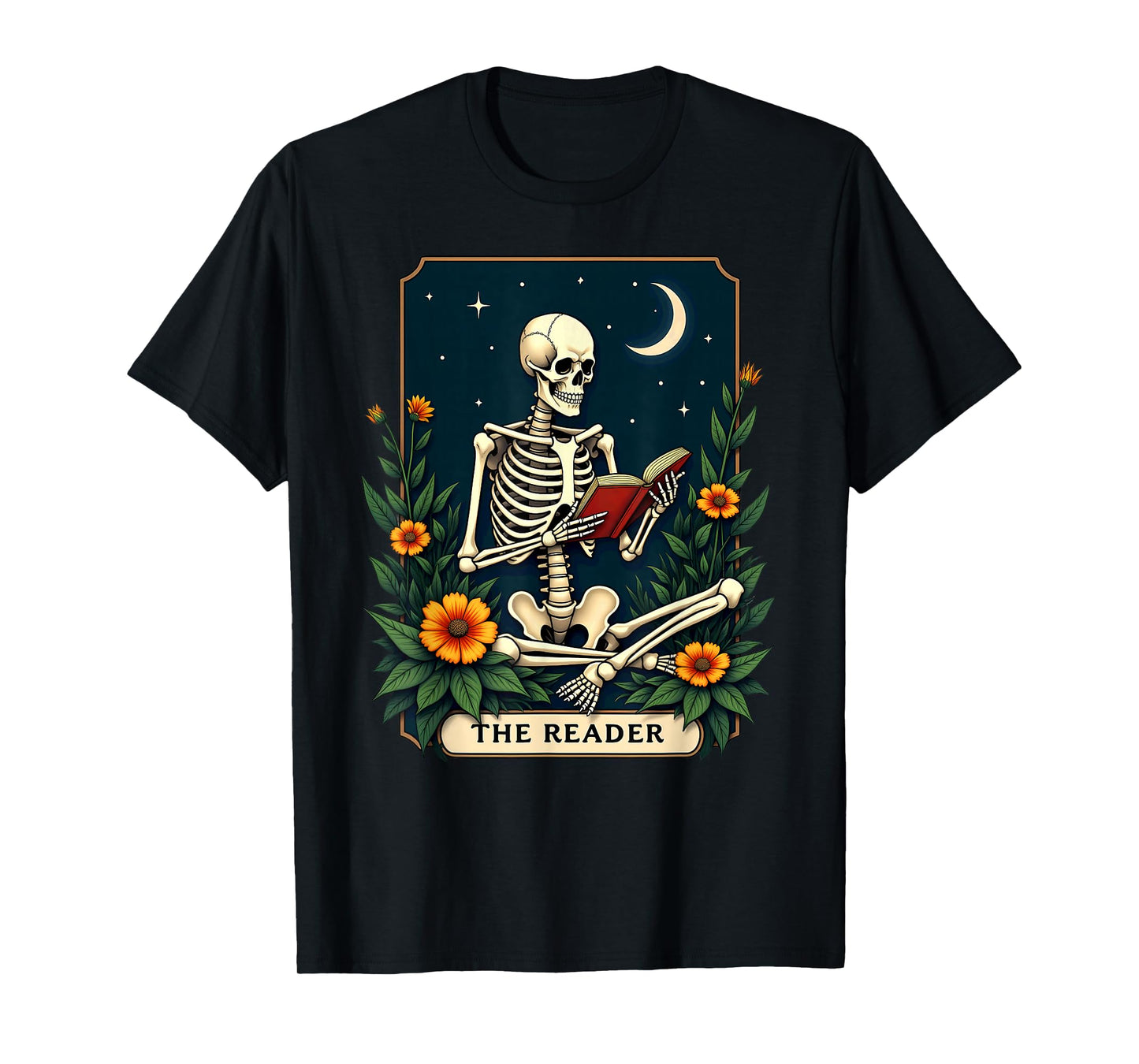 Floral Tarot Card The Reader Skeleton Bookworm Librarian T-Shirt