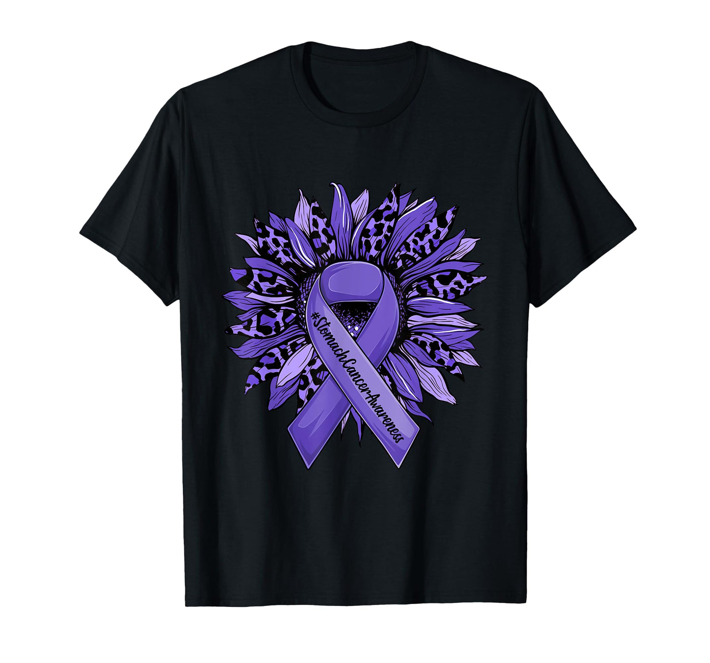 Leopard Sunflower and Periwinkle Ribbon Stomach Cancer T-Shirt