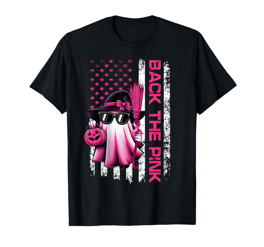 Back The Pink Breast Cancer Awareness Flag Ghost Halloween T-Shirt