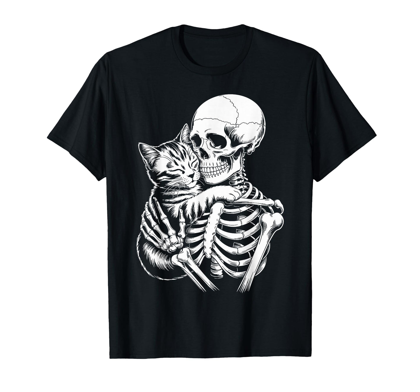 Skeleton Hugging Cat Lover Spooky Season Halloween T-Shirt
