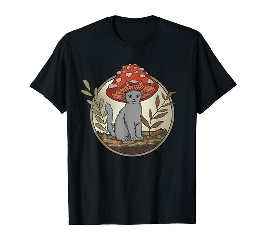 Cottagecore Aesthetic Cat with Mushroom Hat T-Shirt