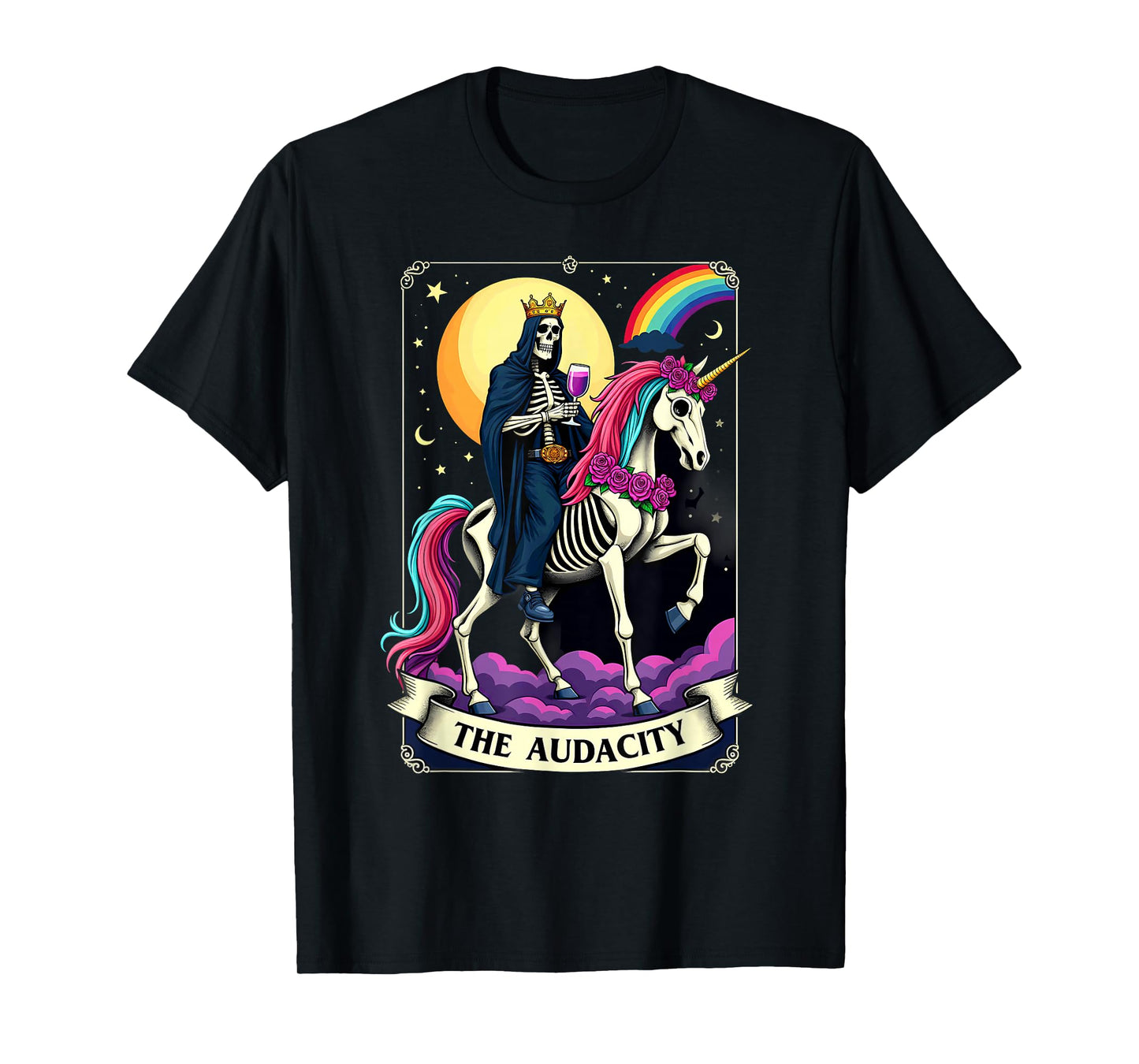 Tarot Card The Audacity King Skeleton Riding Unicorn T-Shirt