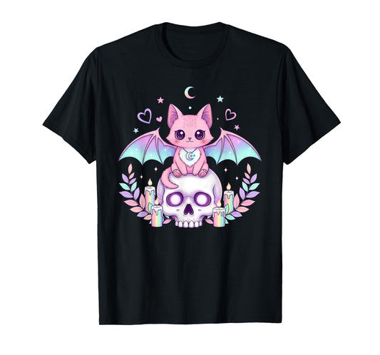 Cute Cat Pastel Goth Bat Skull Kawaii Creepy Kitty Skeleton T-Shirt
