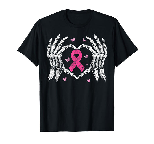 Skeleton Hand Heart Pink Ribbon Breast Cancer Awareness T-Shirt