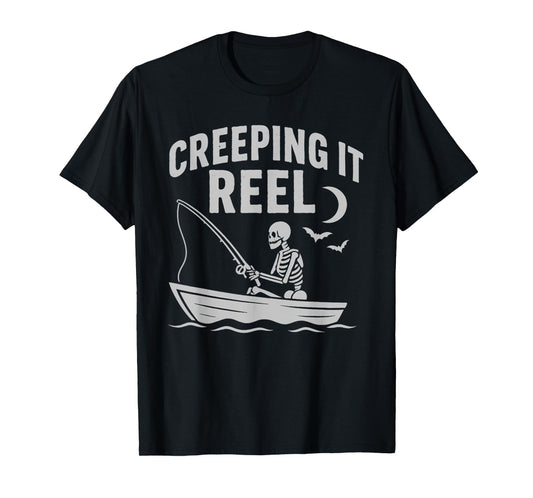 Creeping It Reel Skeleton Angler Halloween Fishing Laugh T-Shirt
