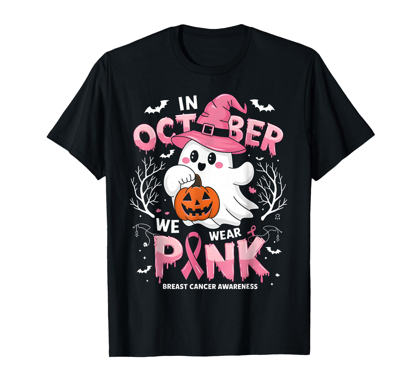 in October We Wear Pink Funny Halloween Ghost Breast Cancer T-Shirt