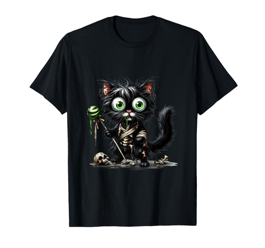 Cute cat Kitten Halloween Black Skeleton Cartoon T-Shirt