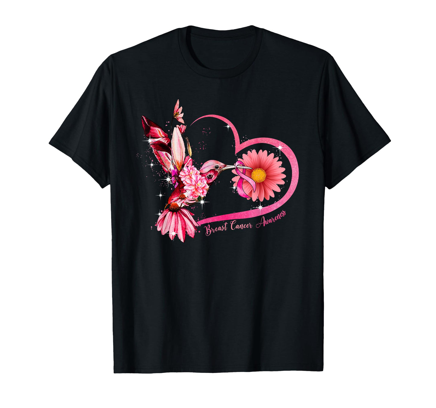 Hummingbird Sunflower Pink Ribbon Breast Cancer Awareness T-Shirt