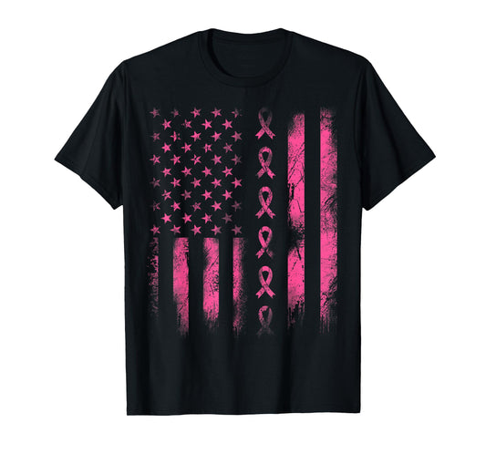 Breast Cancer Awareness - Pink Ribbon American Flag Women Kids Men T-Shirt