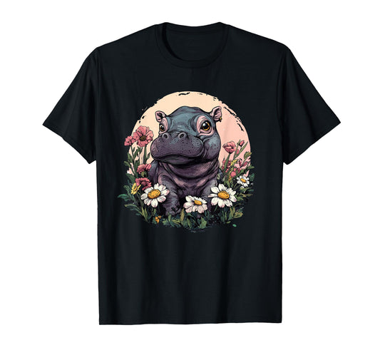 Adorable Hippo In Flower Garden Cute Scene T-Shirt