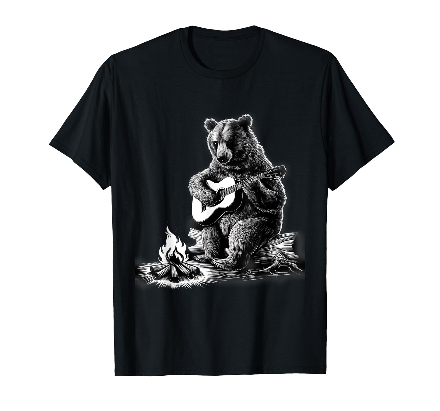 Bear Playing Guitar Rock on Campfire Bear T-Shirt