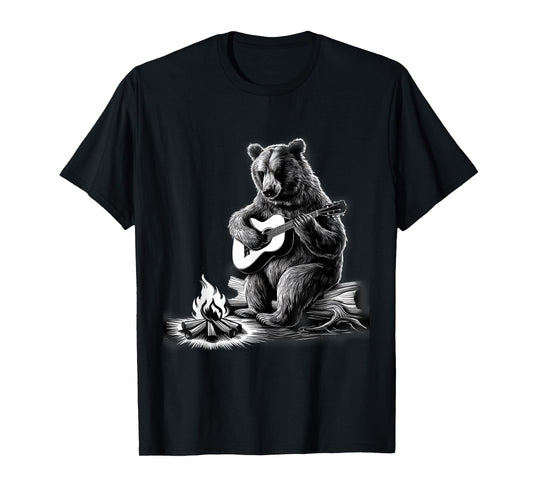 Bear Playing Guitar Rock on Campfire Bear T-Shirt