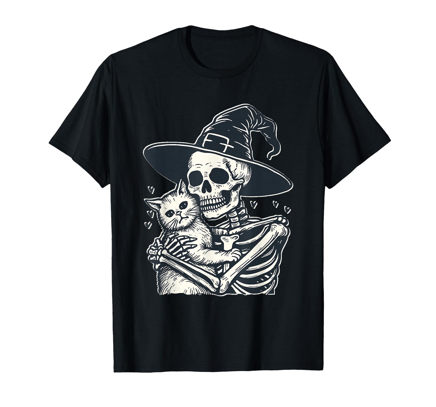 Skeleton Witch Hugging Cat Halloween Spooky Cat Lover Fans T-Shirt