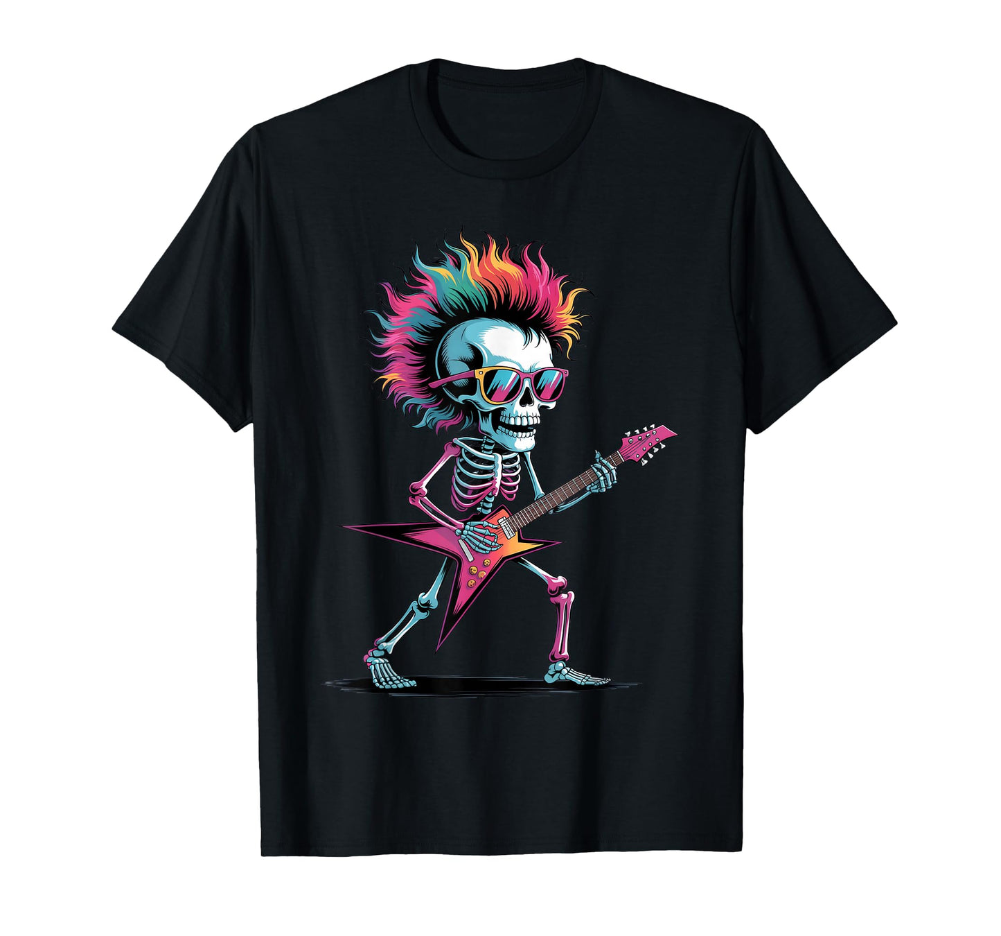 Rock Skeleton Guitar Poster Style Colorful Paint Splatter T-Shirt