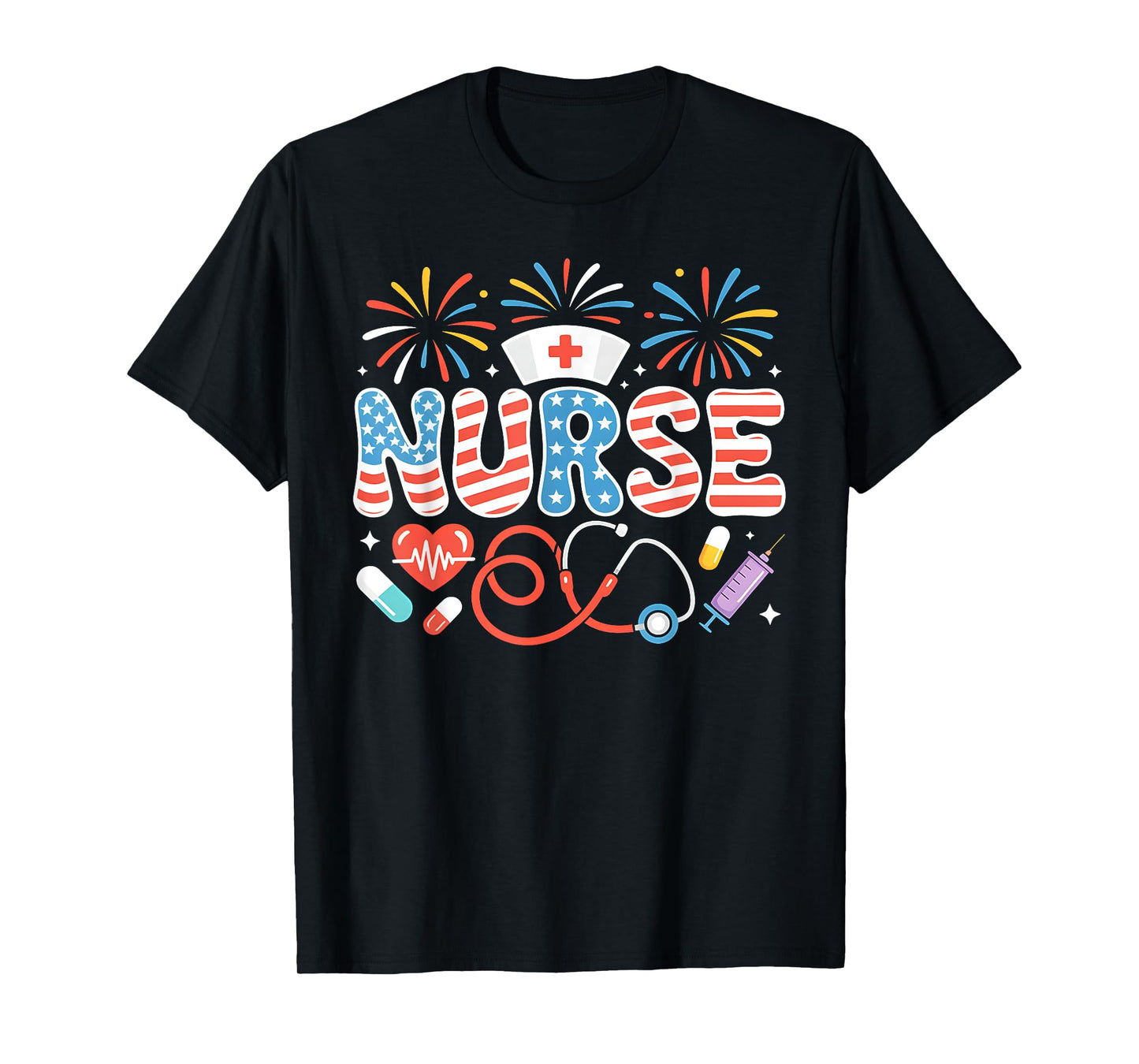 Patriotic Nurse 4th of July American Flag Medical Fireworks T-Shirt