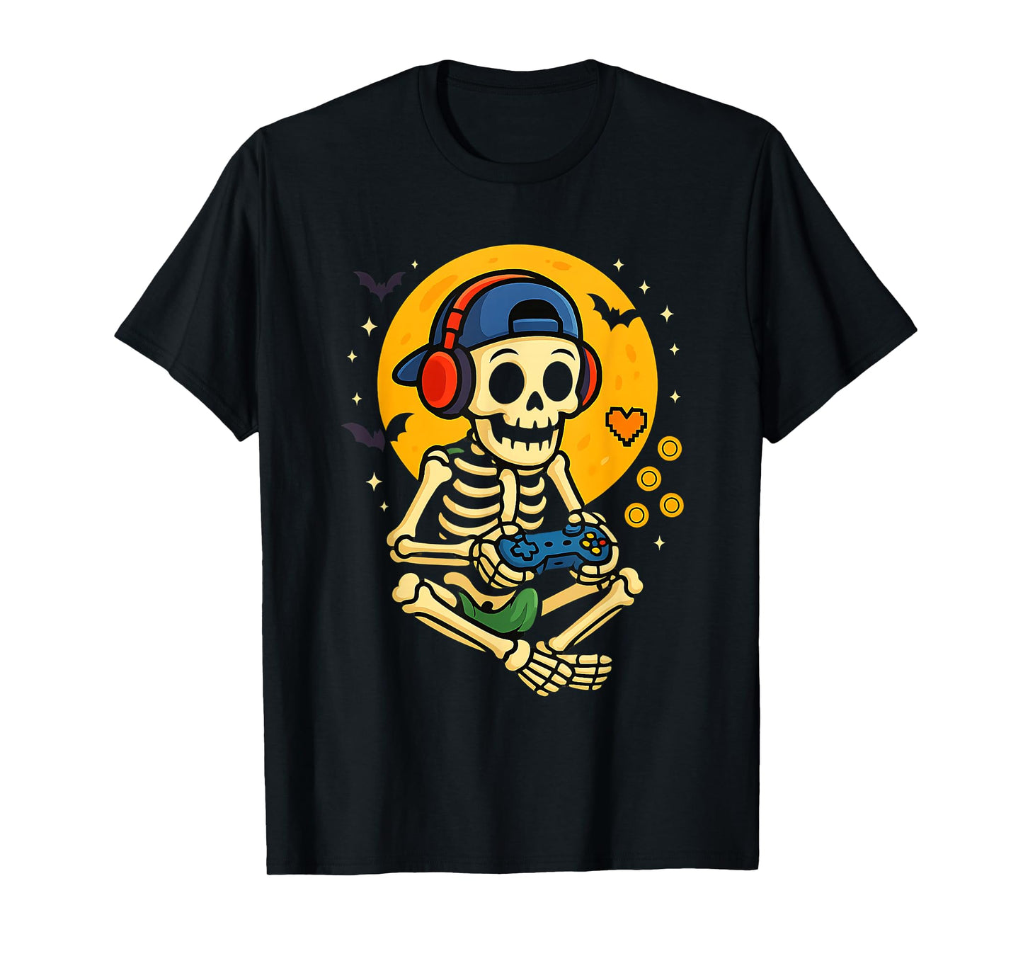 Cute Skeleton Gamer Halloween Spooky Video Game Graphic Tee T-Shirt
