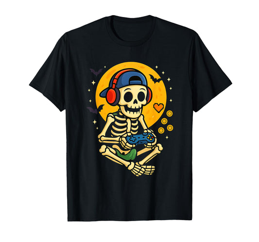 Cute Skeleton Gamer Halloween Spooky Video Game Graphic Tee T-Shirt