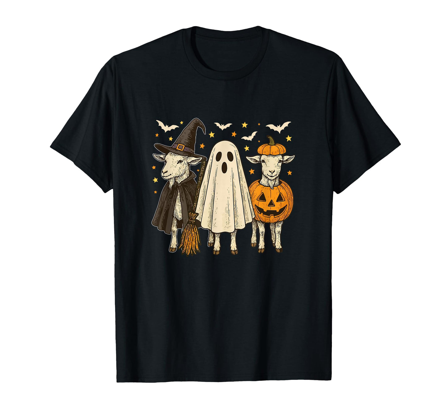 Three Halloween Goats Cosplay Witch Boo Carved Pumpkin T-Shirt