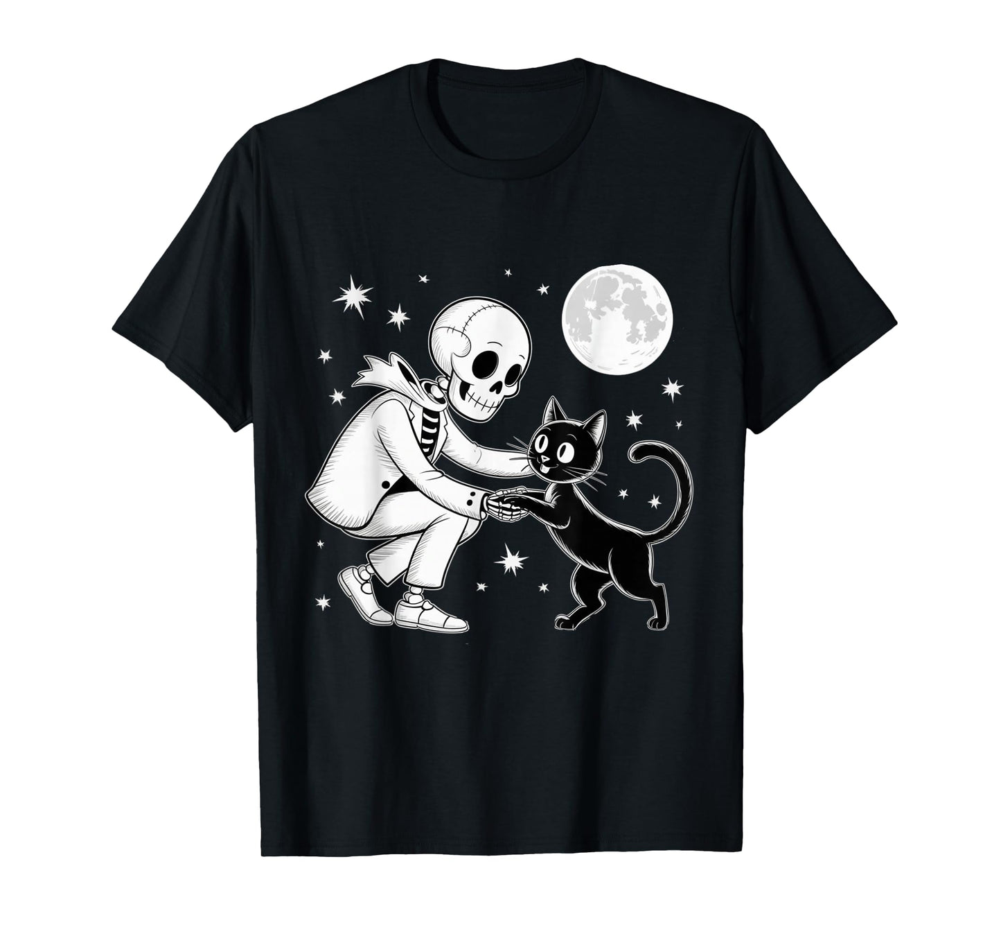 Skeleton Hugging Black Cat Under Full Moon Halloween T-Shirt