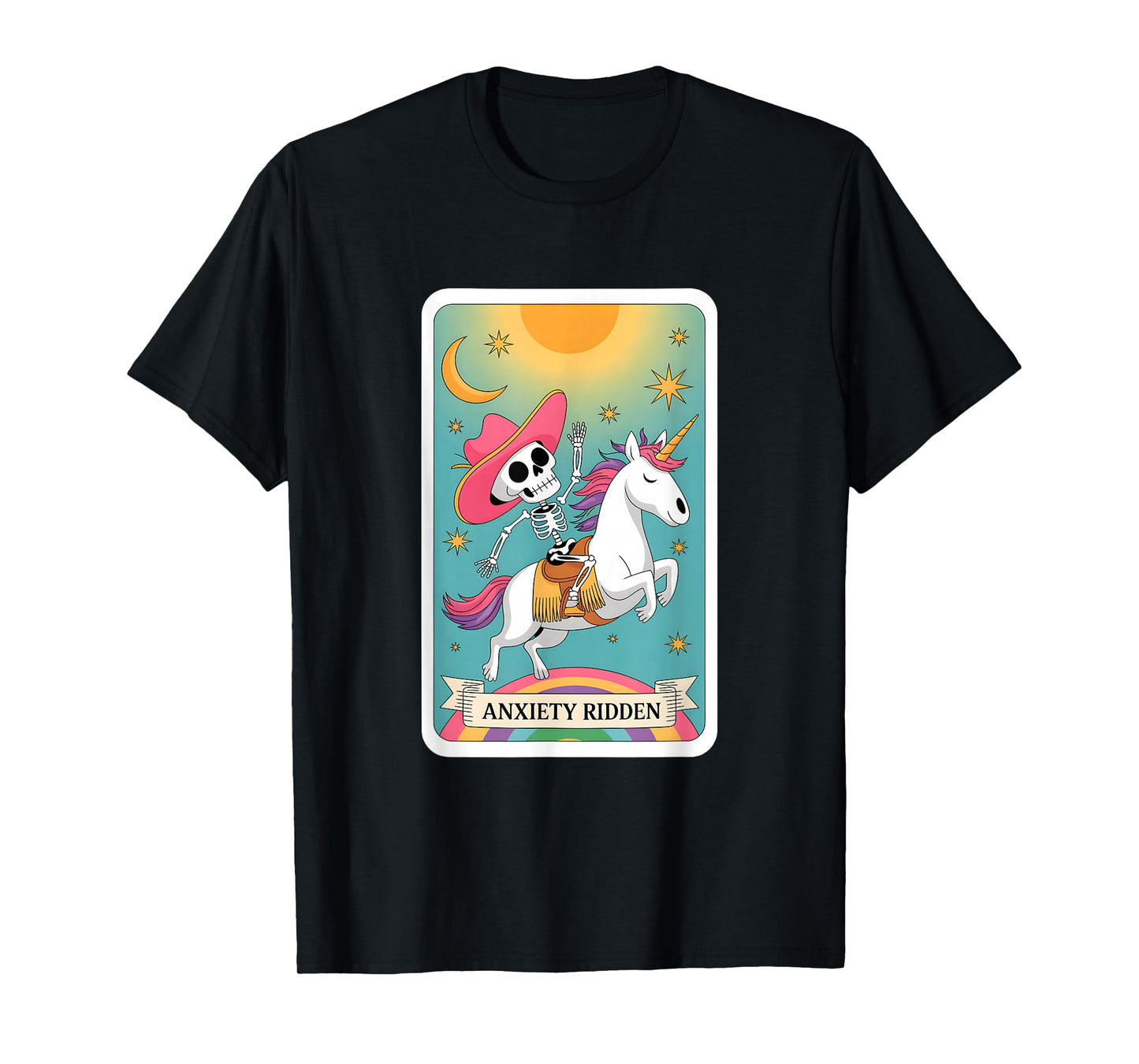 Anxiety Ridden Skeleton Riding Unicorn Tarot T-Shirt