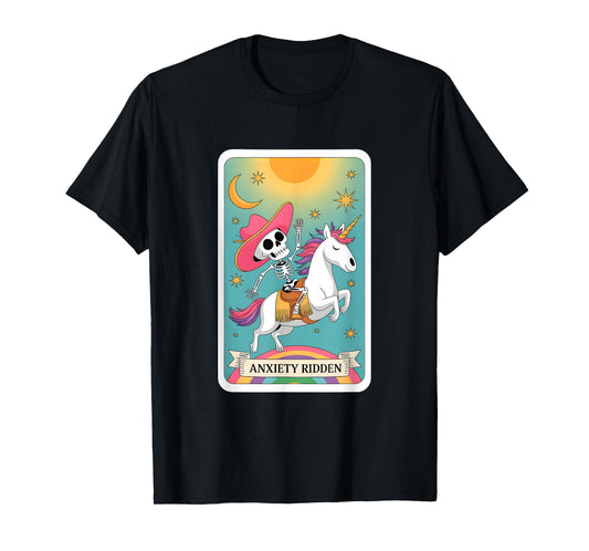 Anxiety Ridden Skeleton Riding Unicorn Tarot T-Shirt