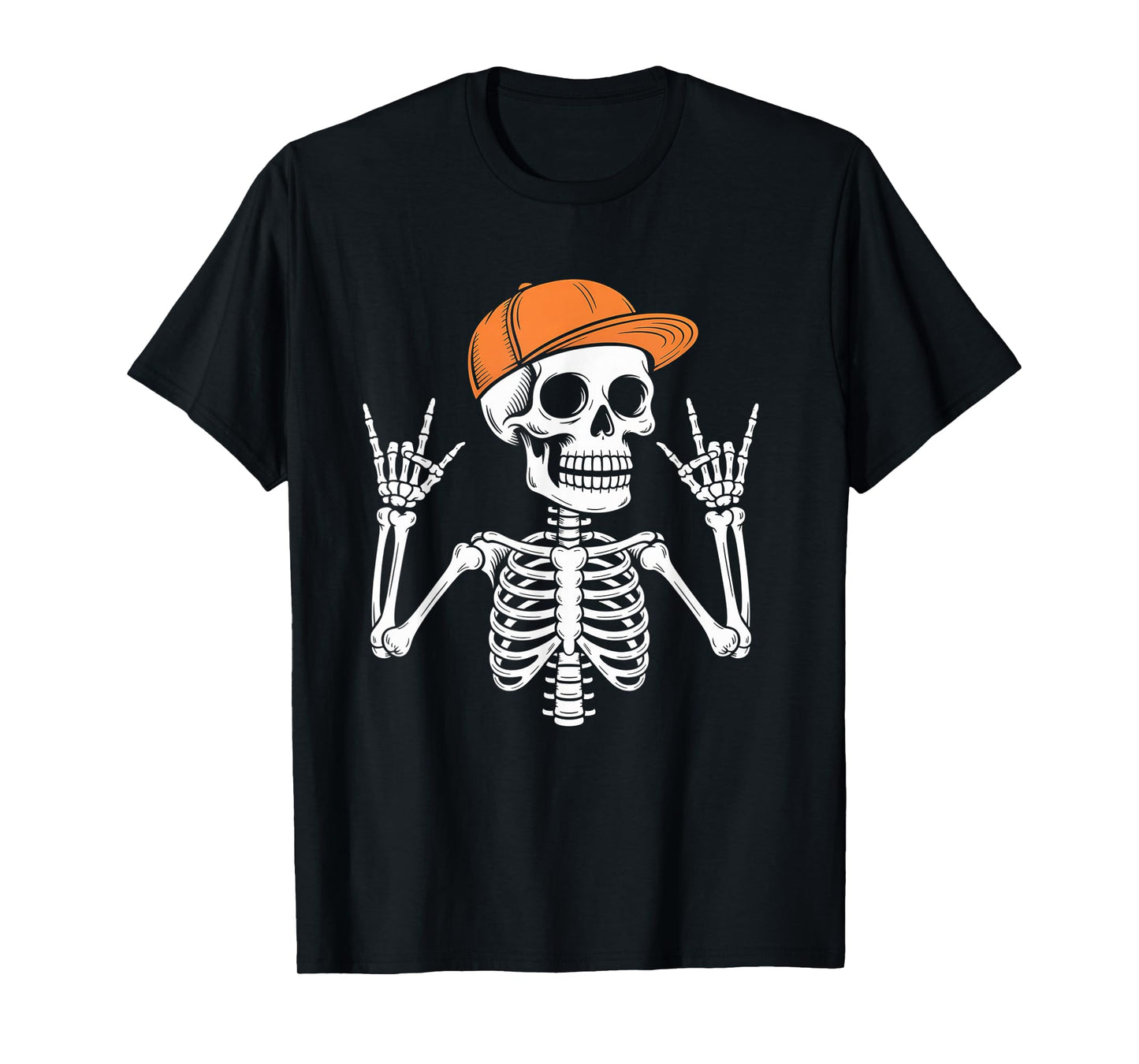 Cool Skeleton in Cap Rocking Hand Signs Halloween T-Shirt
