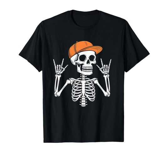 Cool Skeleton in Cap Rocking Hand Signs Halloween T-Shirt