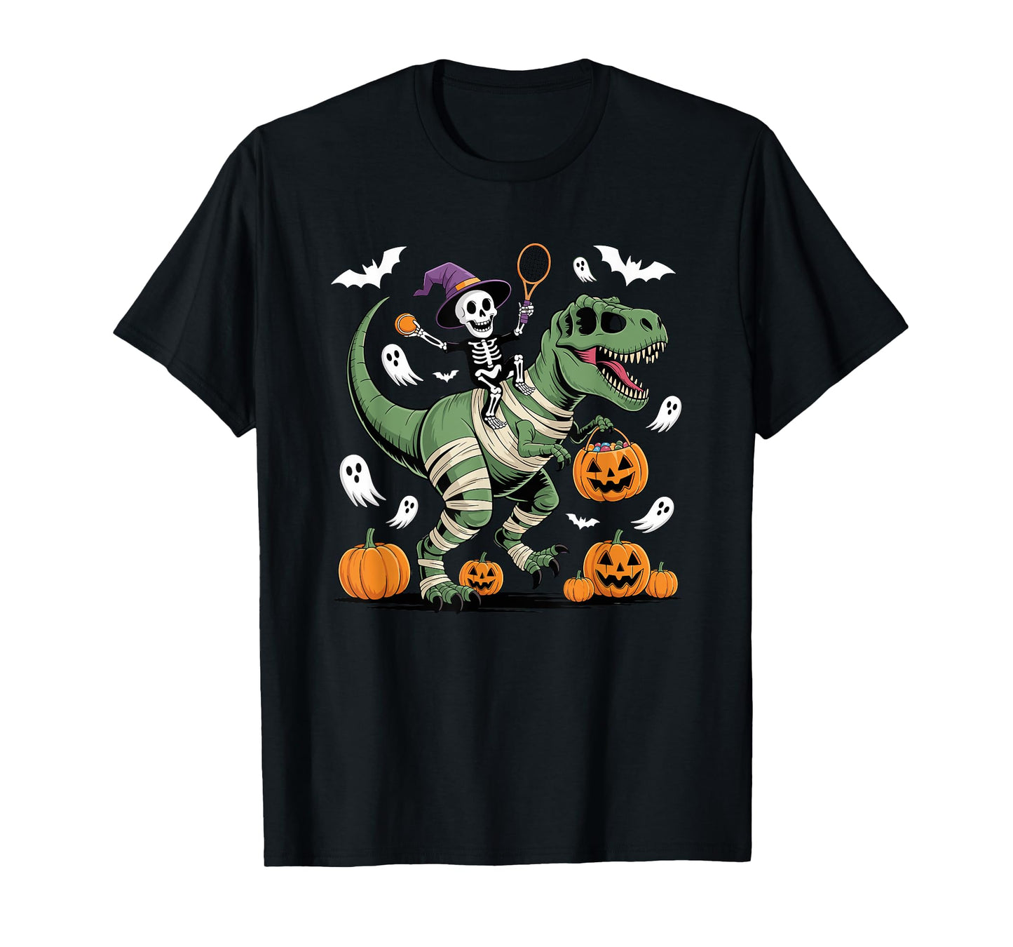 Tennis Skeleton Riding Mummy Dinosaur T-Rex Halloween Boys T-Shirt