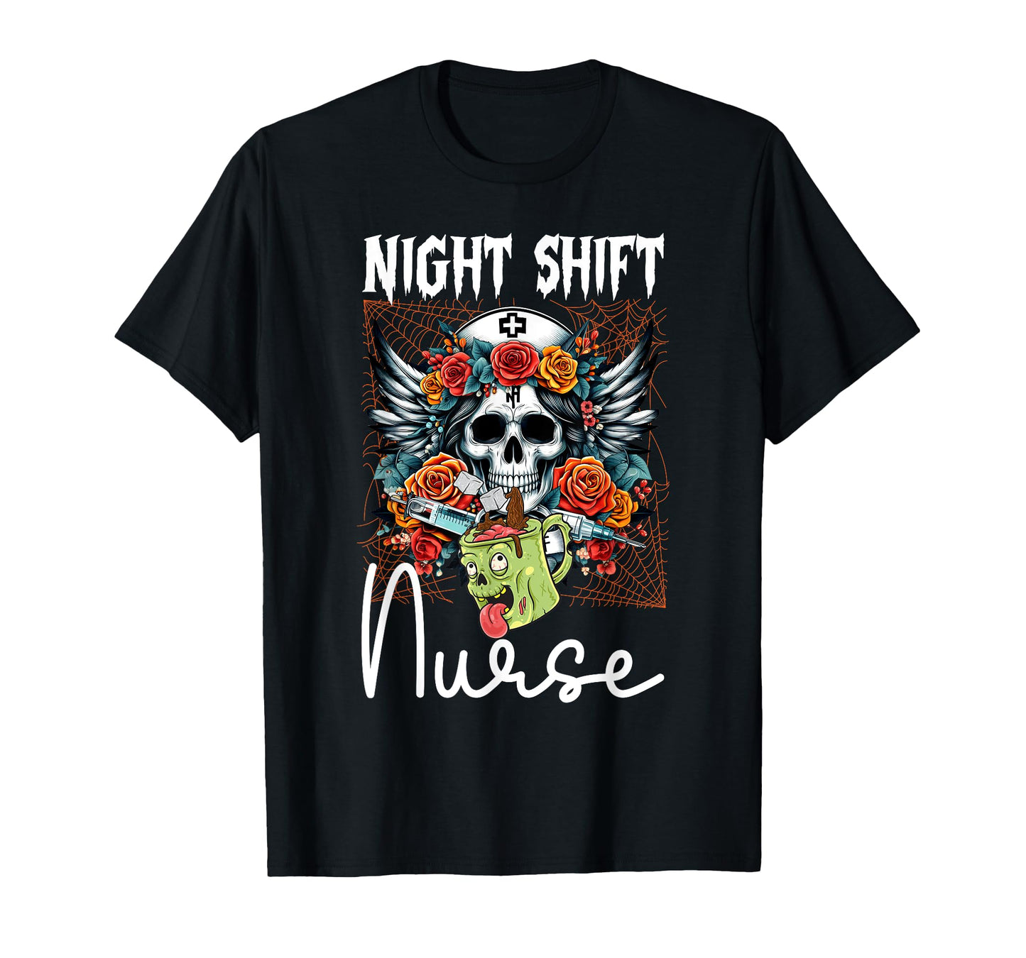Floral Night Shift Nurse Skeleton Halloween RN Nurses Skull T-Shirt
