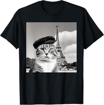 Funny Cat Wearing a Beret At The Eiffel Tower in France Men Women Kids T-Shirt