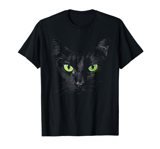 Funny Black Cat Face Green Eyes Kitten Halloween Costume T-Shirt for Men Women Kids