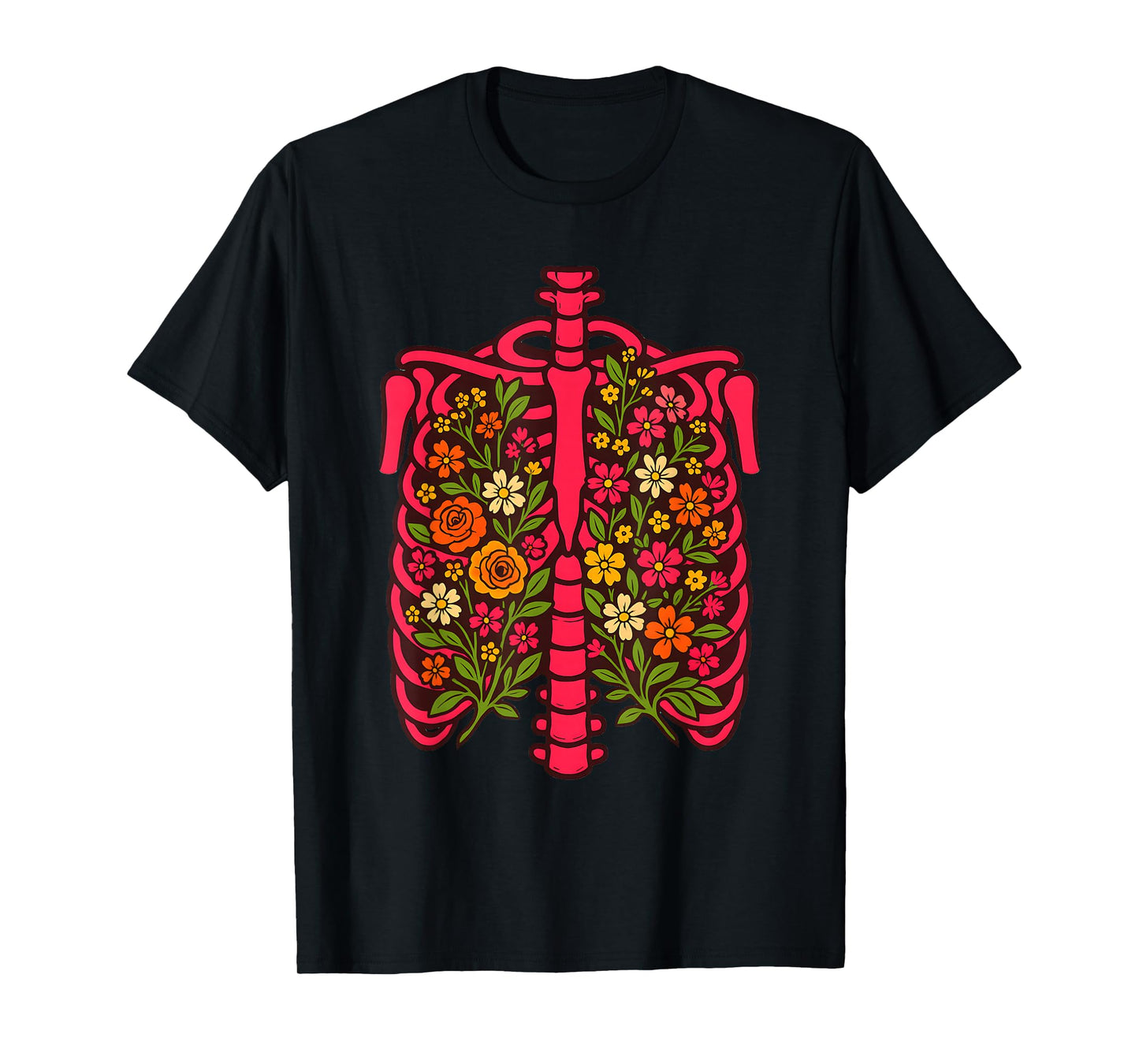 Floral Ribcage Anatomy Skeleton Flower Art Design, Halloween T-Shirt