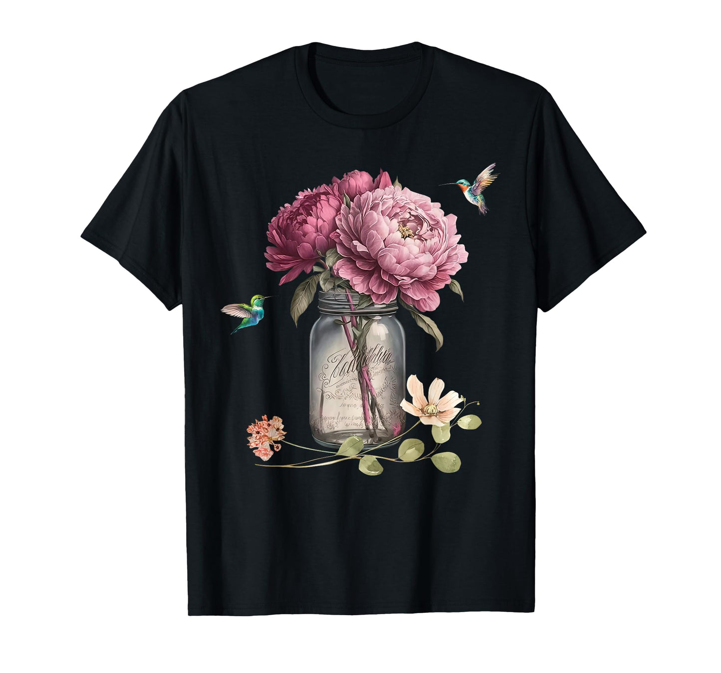 Retro Hummingbird Flower In Mason Jar Peony Flower Gardener T-Shirt
