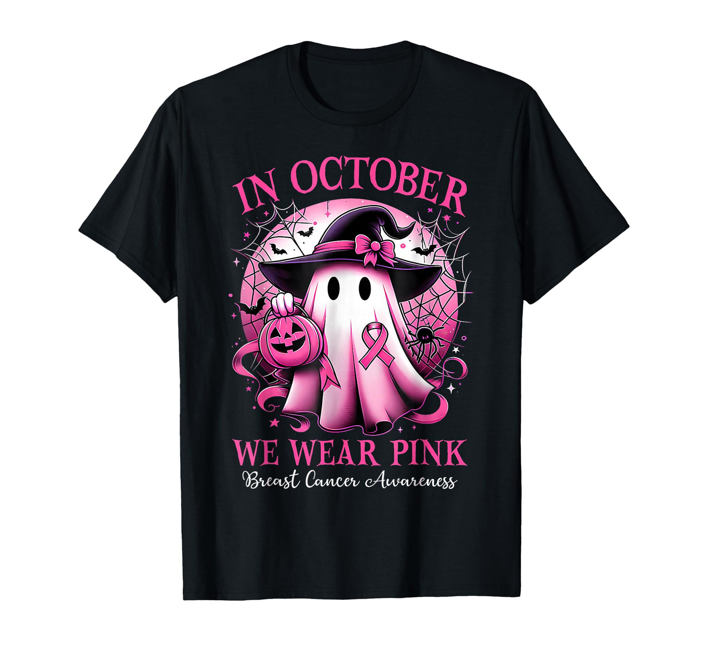 In October We Wear Pink Witch Ghost Breast Cancer Awareness T-Shirt